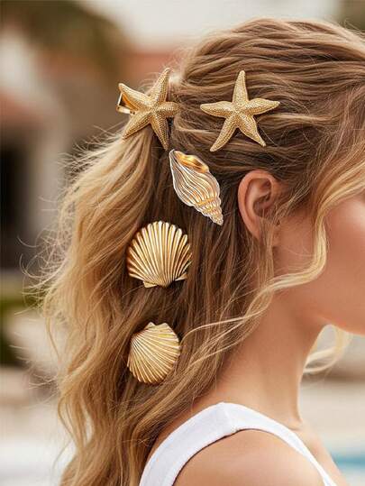 3 estilos de pinzas para el cabello con conchas marinas y estrellas de mar doradas, accesorios para el cabello de metal tipo playa, adecuados para vacaciones de verano, decoración para el cabello de mujeres y niñas en fiestas de playa, vacaciones y viajes