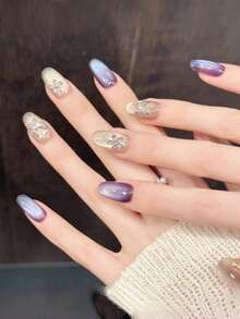 10pcs Handmade Nails Oval Nails Acrylic Press On Nails Short, Gentle Nude,Purple Nails, Flashy Cateye, Handpainted Simple Flower Butterfly, Edgy Elegant Simple Spring Fake Nails, Summer Nails, Party Daily & Dating Use Beach Tropical Getaway Suitable,DIY False Nail Art Suitable For Women & Girls As Gift Nail Supplies - Purple - View 3