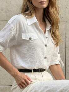 Áo blouse nữ trắng phong cách casual chic, chất liệu vân nổi, cài nút, tay dài, mặc layer cho mùa tiền thu, đi học, đi làm văn phòng và mặc hàng ngày - trắng - Xem 3