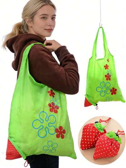 可爱草莓造型可重复使用购物袋，创意水果设计单肩手提包，可折叠草莓造型手提包，饰有绿色蝴蝶结和红色波点，可折叠可水洗牛津布手提袋，配有结实耐用的提手，采用耐用涤纶纤维制成，是旅行、逛市场、购物和礼品包装的理想之选。