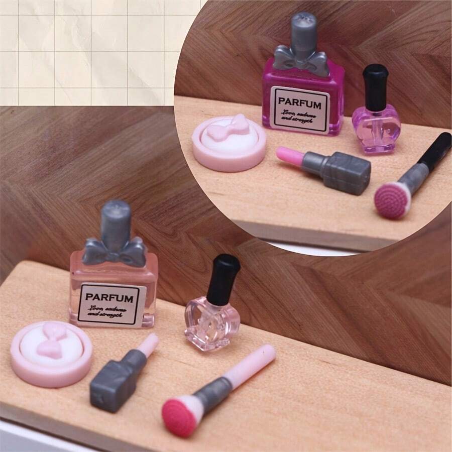 Pensulă de machiaj mini, ruj, parfum, pudră, decor compact model, accesoriu pentru scenă în miniatură, decor pentru casă în miniatură DIY, cadou de colecție pentru pasionați și entuziaști - Multicolor - Vizualizare 1