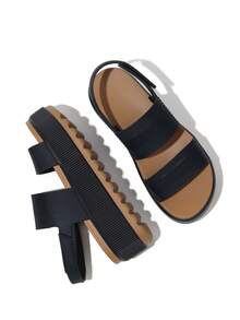 Platform Sandals For Women Round Toe Hook And Loop Strap Slip On Slides Strapy Flip Flops Casual Slippers Party Vacation Walking Beach Indoor Outdoor Spring Festival Womens Summer Black Sandals - 黑色 - 查看 5