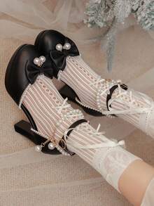 Block Chunky High Heels Pumps For Women Cute Bow Ruffle Ankle Strap Pearl Chain Platform Lolita Style Pumps Woman - Đen A - Xem 2