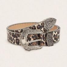 Women's Vintage All-Match Western Style PU Leather Belt With Three Buckles & Carved Flowers, Leopard & Cow Pattern Halloween Summer, School Fall, Autumn, Halloween - 黑色 - 查看 4