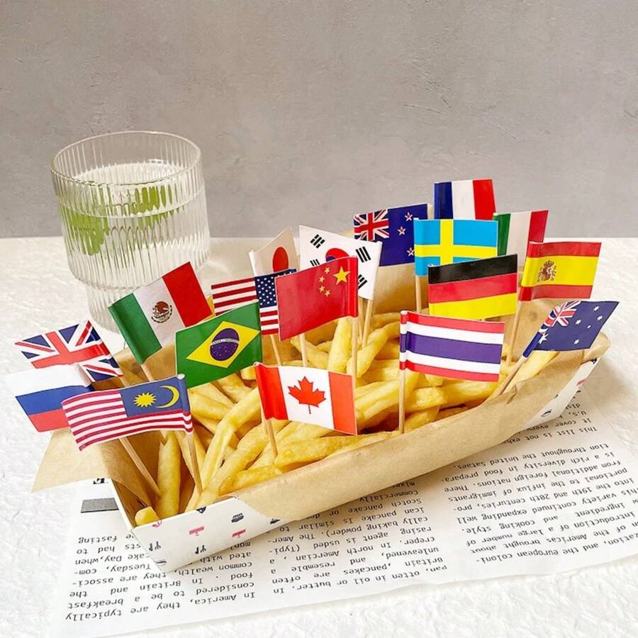 OBOVAY 100pcs Mini National Flag Toothpicks, 50+ Countries World Cup Sports Food Picks, Small Wooden Flag Decor, Suitable For Paper Cups, Appetizers, Beverages And Party Decorations, Patriotic National Day Parades And Sports Fans Supplies, Applicable For Global Events, Travel And International Theme Parties - Multicolor - View 1
