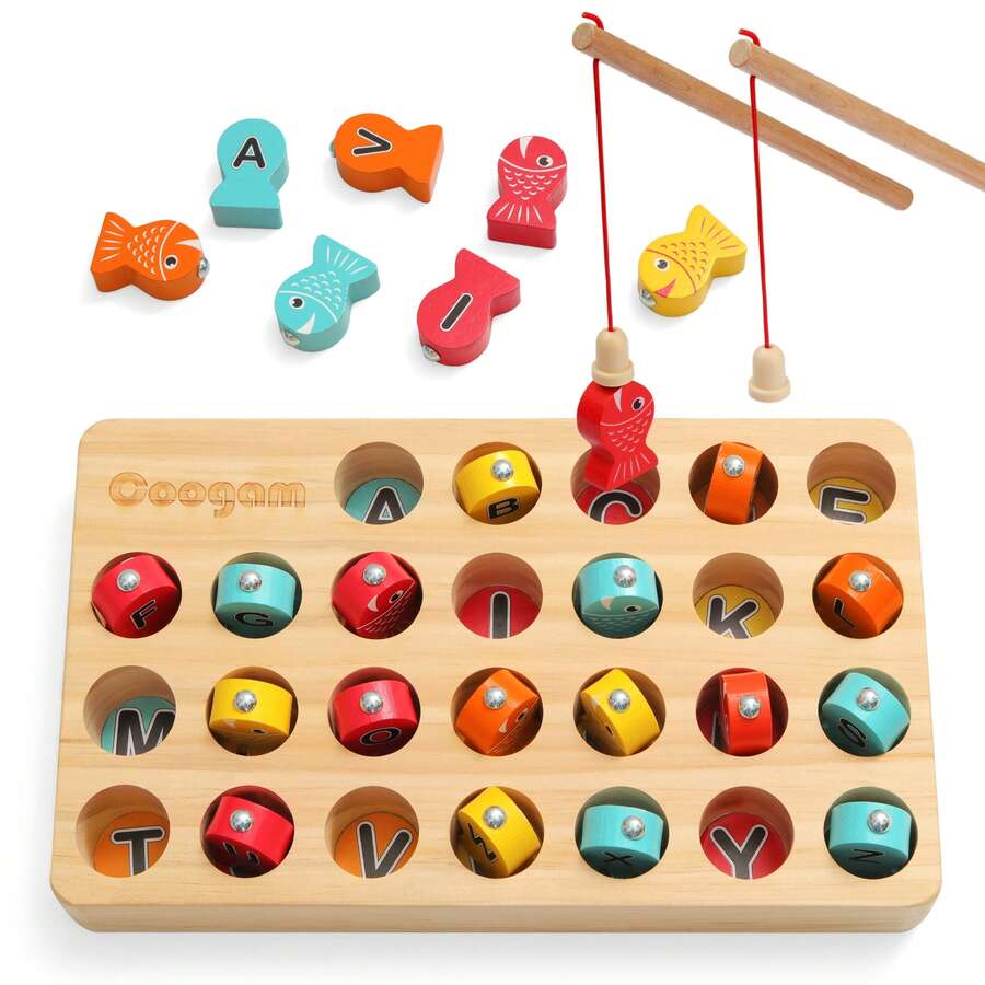 Coogam Back-To-School, School Supplies Wooden Magnetic Fishing Game Set With 2 Poles, Interactive ABC Alphabet Learning & Color Sorting Activity For Toddlers, Early Educational Gift For Boys & Girls Ages 3+