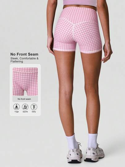 Sodalemon Women's Plaid High Waist Yoga Shorts Leggings Summer