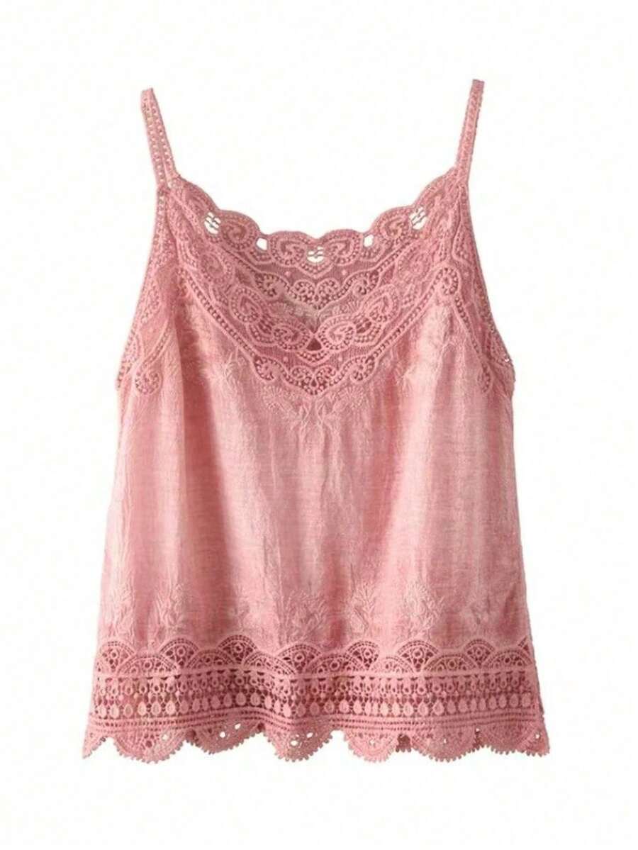 女士复古休闲宽松纯色镂空刺绣蕾丝拼接吊带背心粉色夏季 - 粉色 - 查看 1