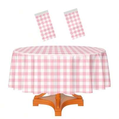 2 Pack Pink And White Round Checkered Tablecloth 84 * 84 Inch Disposable Plastic Gingham Table Cover For Party Picnic Camping Birthday Round Tables