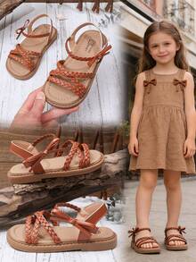 Kids' Flat Sandals With Hook & Loop - Comfortable Breathable Casual Summer Shoes - Brown - View 3