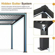 調整可能な金属製屋外日よけパーゴラ 12x20フィート カーテン＆ネット付き 雨樋システム ダークグレー 庭用 (12'x20'、黒色) - ブラック - チェックする 10