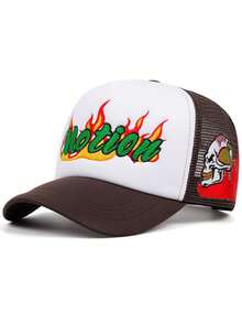 1pc Men Gothic Letter & Red Lip Embroidery Trucker Hat, Fashionable Outdoor Adjustable Sun Protection Baseball Cap, Unisex For Spring/Autumn Travel, Beach, Party - Motion Skull - View 16