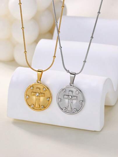 1pc Vintage Rhinestone Cross Round Pendant Necklace, 18K Gold Plated Stainless Steel Chain, Couple Gift & Wear