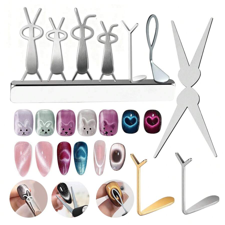 9 món dụng cụ hỗ trợ từ tính (bao gồm 1 nam châm thanh dài), dụng cụ hỗ trợ từ tính hình mắt mèo rỗng, tấm kim loại hình mắt mèo trái tim chữ Y từ tính, tai thỏ gập dễ thương - Bạc - Xem 1