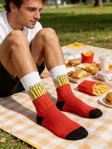 1 双男士红、白、黑撞色薯条图案中筒袜，四季皆宜。 - 彩色 - 查看 5