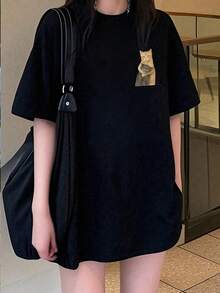新款夏季 Z 世代 Y2K 风格女式趣味猫咪印花圆领短袖 T 恤 休闲黑色 - 黑色 - 查看 3