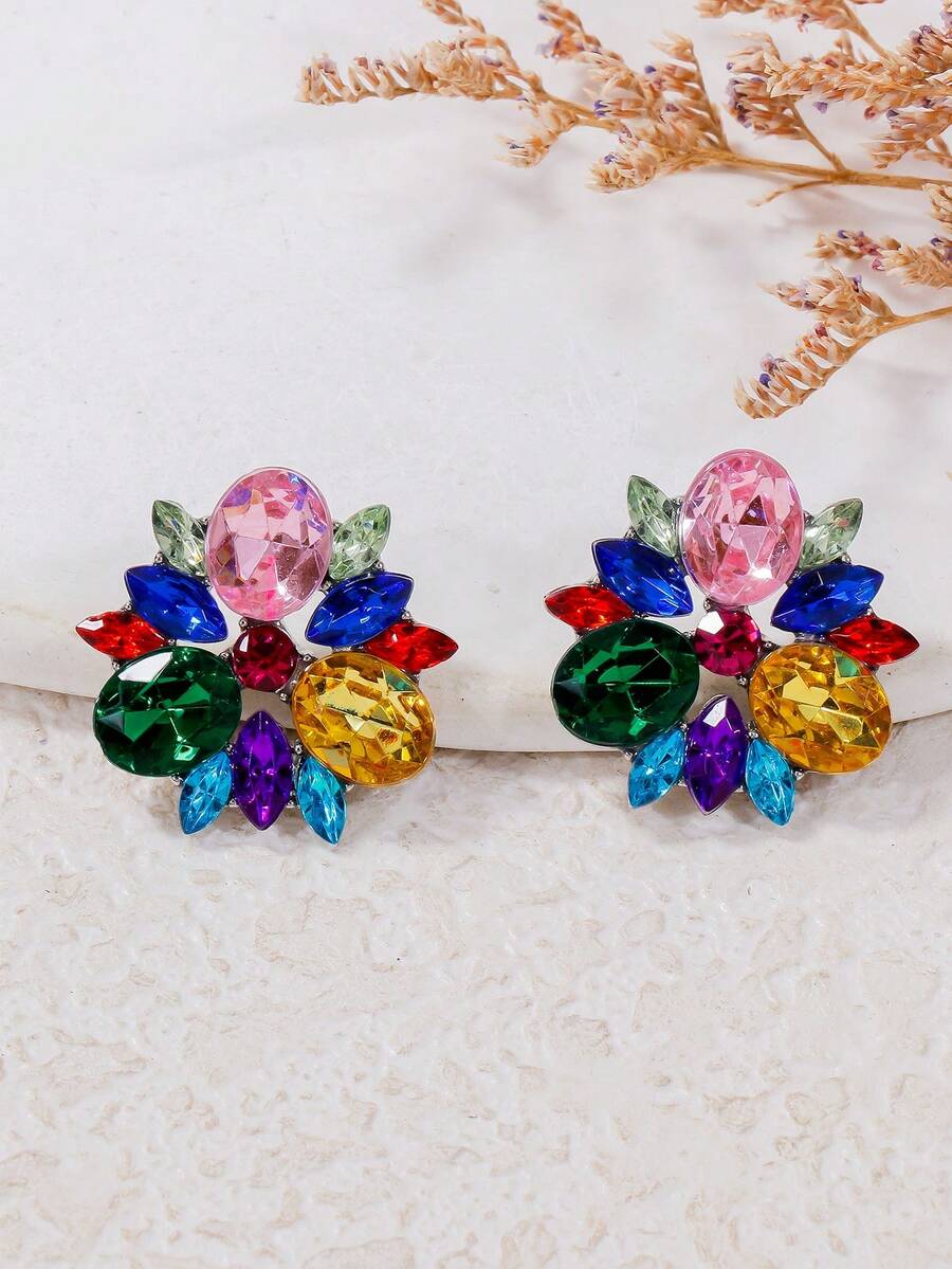 juran 一对玻璃水钻耳环，时尚小巧休闲耳环配饰，礼品 - 彩色的 - 查看 1