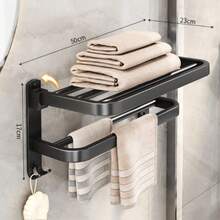 双层浴室毛巾架，可折叠毛巾架带储物架，壁挂式浴室/阳台/洗手间毛巾收纳架 - 黑色 - 查看 4