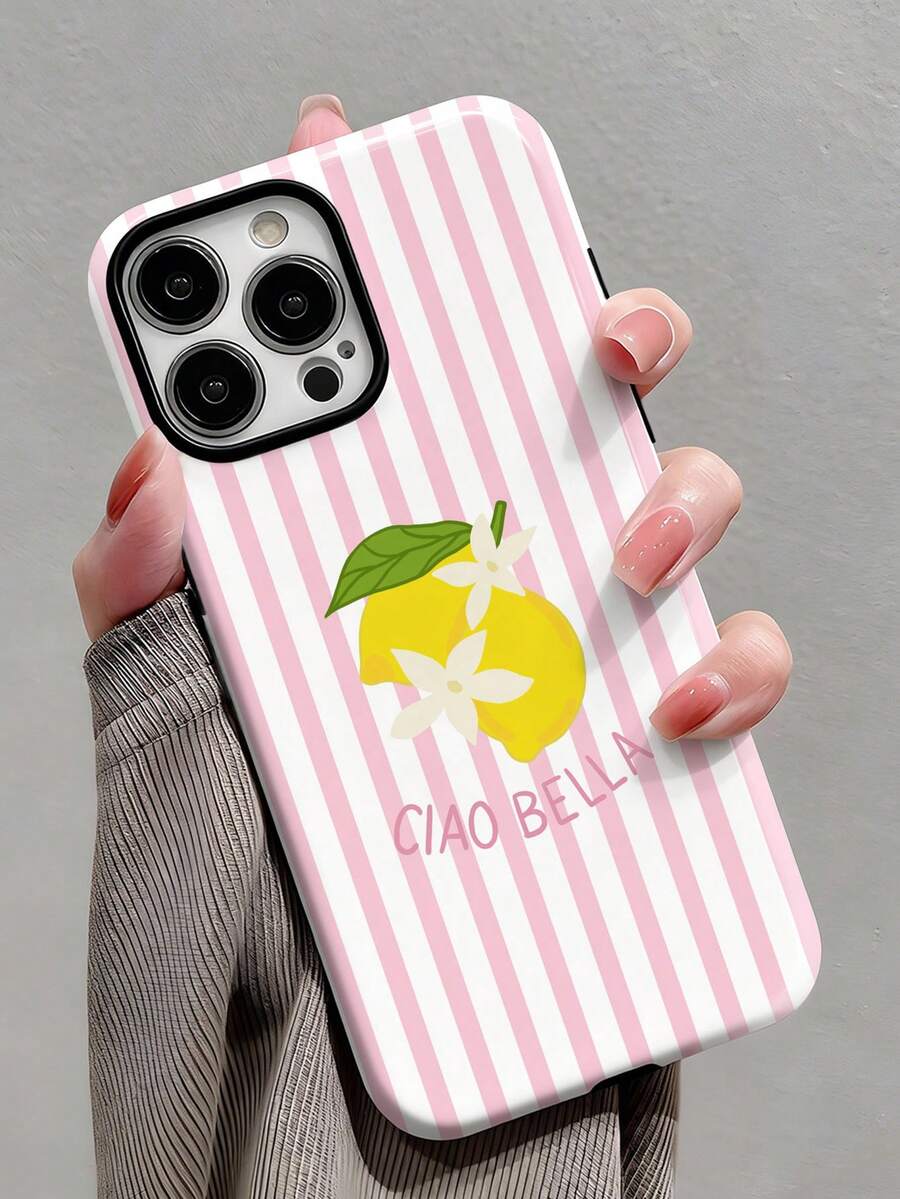 1 pièce Étui de téléphone à rayures roses et blanches, minimaliste, artistique, rayures fraîches, motif citron, brillant, 2-en-1, compatible avec Samsung/ 11/12/13/14/15/16/17 Pro Max, cadeau de printemps - Multicolore - Voir 1