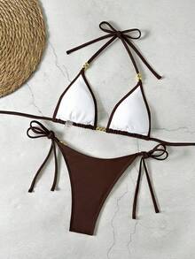 Bộ đồ bơi hai mảnh Lucky Girl Summer màu đen đính hạt cườm, kiểu dáng mới, thích hợp cho kỳ nghỉ biển. - màu nâu - Xem 4