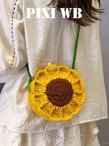 New Stylish And Versatile Yellow Small Sunflower Material Pack, Single-Shoulder Fresh And Cute Small Bag, New Sweet Girl Crossbody Handmade Woven Bag, Available In Multiple Colors, Small Sunflower Round Bag With Uneven Texture, Pearl Button Closure, Hollow Woven Design, Top Single Green Shoulder Strap, Cute Style, Can Be Worn As Single-Shoulder, Crossbody, Or Handbag, Suitable For Girls Going Out, Playing, Shopping, Etc. - Yellow - View 8