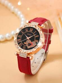 SOKI SOKI 一套时尚休闲石英表，心形罗马数字表盘搭配树叶图案表带，适合日常佩戴、生日礼物、返校礼物、感恩节礼物、情侣假期礼物，最佳礼品（不含礼盒） - 紅色 - 查看 5