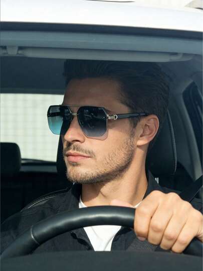 1 Pair Of Men's Smooth Polygonal Sunglasses, Metal Material, UV400, Sun Protection, Cool Business Style, Daily Commuting Model