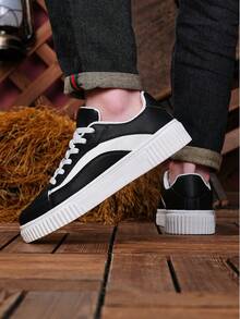 男女通用黑白撞色厚底系带滑板鞋，休闲情侣百搭日常鞋 - 黑色 - 查看 7