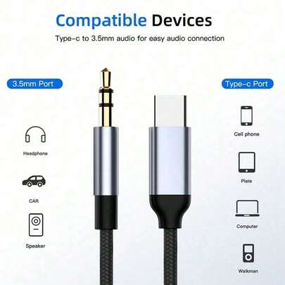 1 pieza Cable de audio de 3.5 mm, Adaptador de cable de Tipo-C a 3.5 mm, Compatible con altavoces, automóviles, Accesorios de teléfono móvil de Tipo-C a 3.5 mm, Cable adaptador USB-C