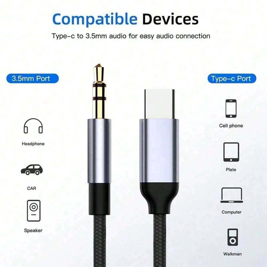 1pc 3.5mm Audio Cable, Type-C To 3.5mm Jack Adapter Cable, Compatible With Speakers, Cars, Type-C To 3.5mm Mobile Phone Accessories, USB-C Adapter Cable - Multicolor - View 1