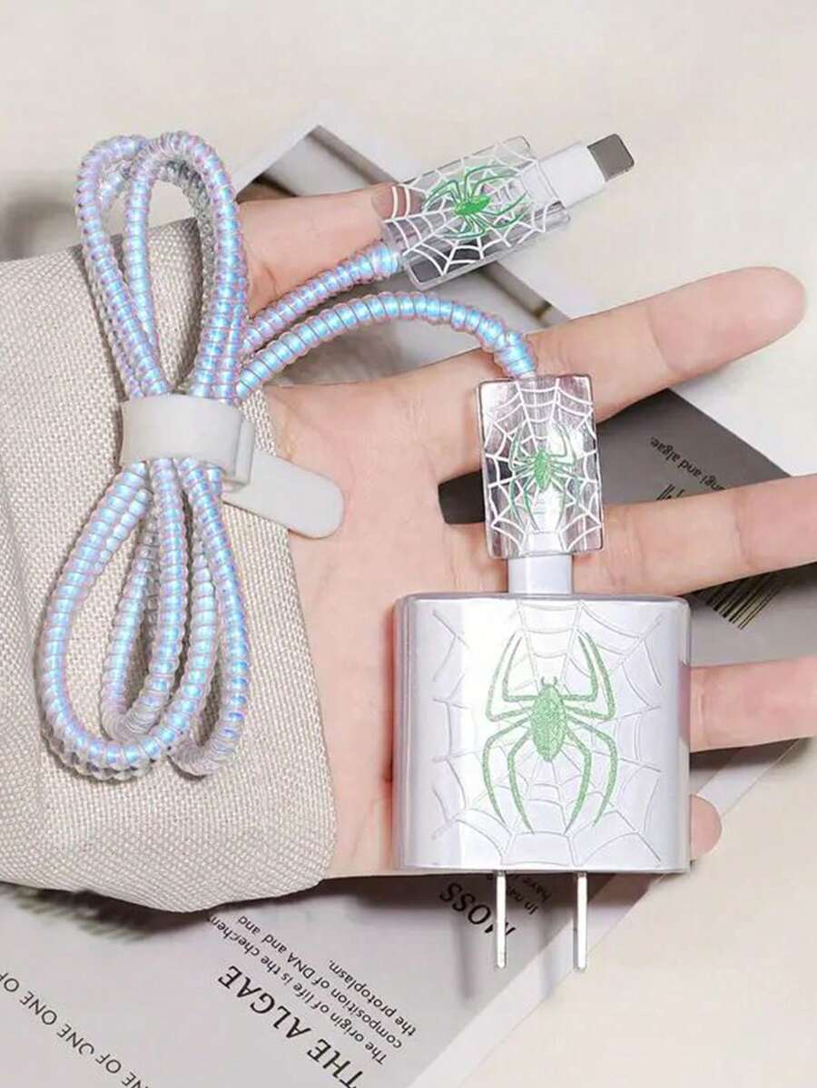 5个绿色蜘蛛图案TPU充电器保护套，适用于苹果18/20W充电器 - 彩色 - 查看 1