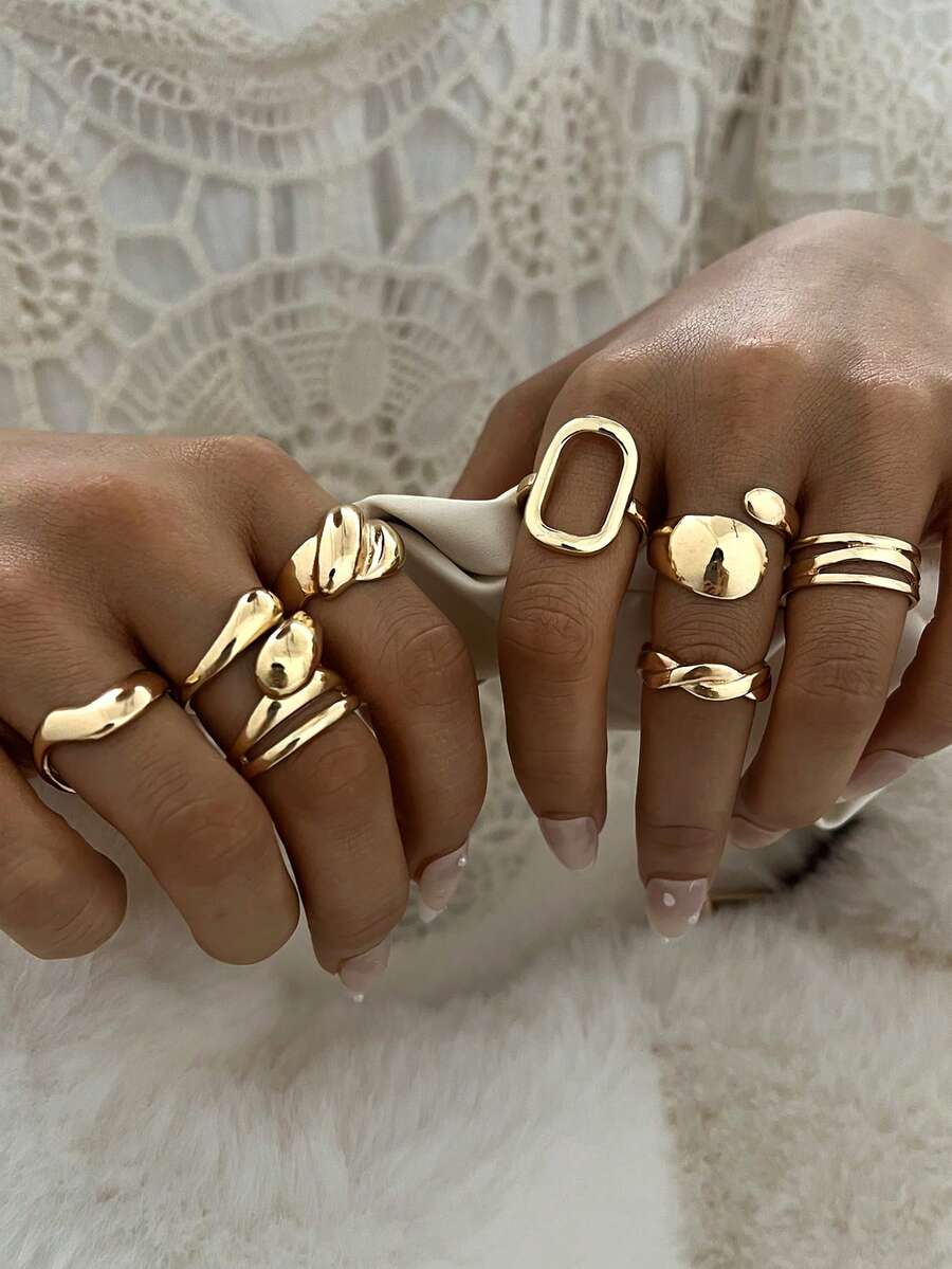 Set de 8 anillos de moda con estilo vintage de moneda, anillos de metal elegantes con nudos geométricos, ondulados, huecos, minimalistas y gruesos, adecuados para vacaciones, fiestas, uso diario y como regalo - Amarillo Oro - Ver 1