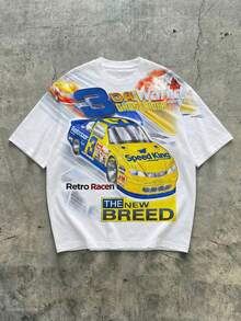 Men's Round Neck Casual T-Shirt With Racing Elements, Spring/Summer - White - View 3