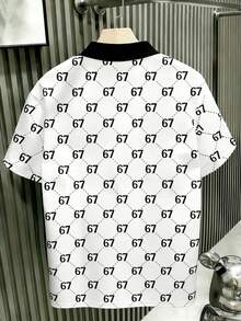 Boys' Casual Vacation Fashionable Luxury Ins Style Brand Fully Allover Print Number 67 Design Short Sleeve Polo Shirt, Spring/Summer - Black and White - View 2