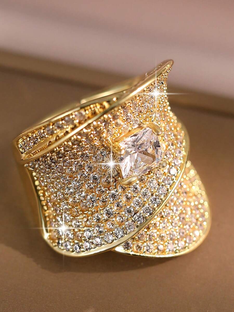 1枚华丽宽大立方氧化锆戒指，适合女性佩戴，可用于婚礼、订婚、周年纪念、派对、情人节等场合，也可作为礼物送给妈妈、母亲、母亲节等。 - 金黃色 - 查看 1