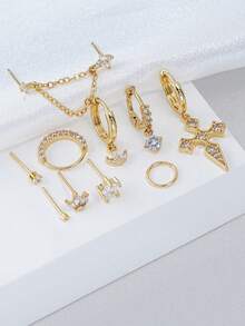 10pcs Elegant Cubic Zirconia Inlaid Cross Pendant Necklace & Earrings Set, Suitable For Women To Wear At Birthday Parties, Music Festivals And Layer - Yellow Gold - View 2