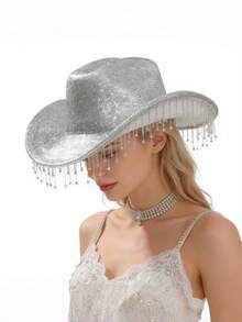 Luxury Sparkling Rhinestone Fringe Western Cowboy Hat, Suitable For Single Party Theme Events And Outfits - Solid Color - View 1