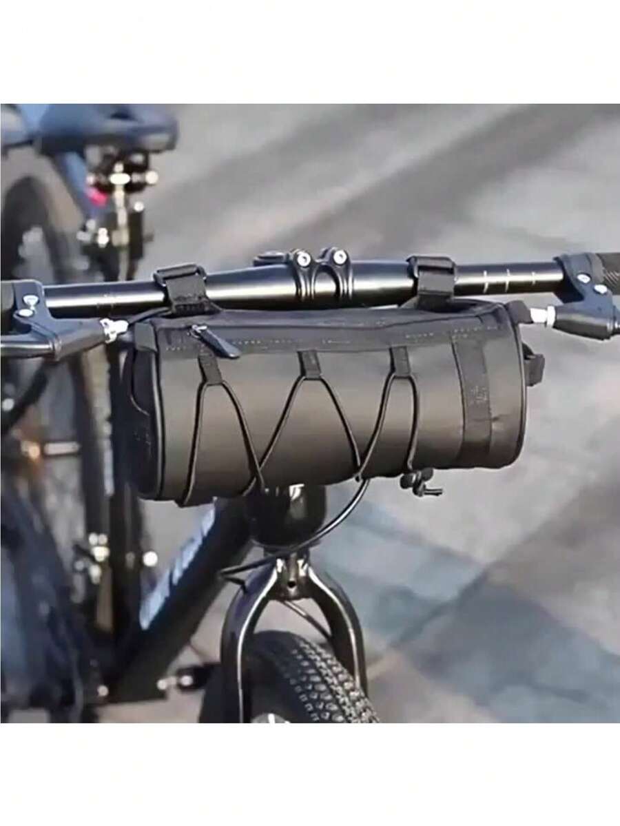 1pc High Capacity Adjustable Bicycle Handlebar Bag - Black Multi-Compartment Front Frame Tube Bag With Handle Bracket, Fashionable Cylindrical Design And Flexible Mounting System, Suitable For Cycling Essentials