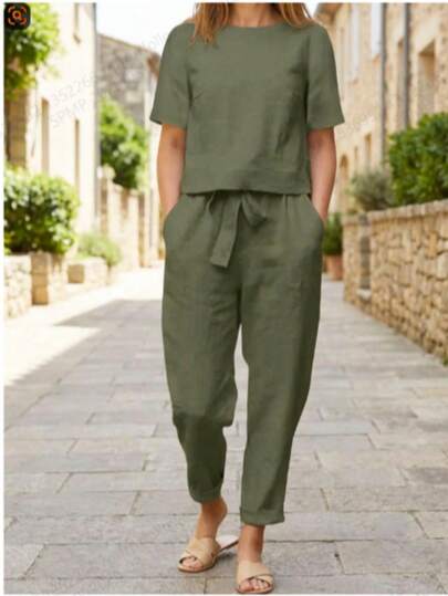 Women's Olive Green Casual Pajama Set, Round Neck Short Sleeve Top Paired With Drawstring Waist Cropped Pants Summer Elegant