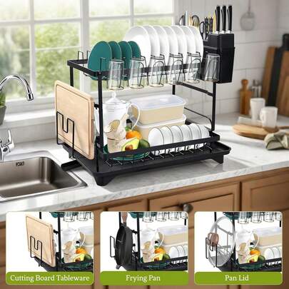 1pc 2-Tier Dish Drying Rack With Drainboard And Utensil Holder, Rustproof Kitchen Dish Organizer, Expandable Large Capacity Countertop Storage For Bowls, Cups, Cutting Boards, No Assembly Required, Kitchen Accessories
