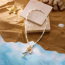 1pc Summer Beach Style Ceramic Fish & Starfish Tassel Pearl Beaded OT Clasp Necklace, Suitable For Women's Vacation Accessories, Dating, Gifts - Multicolor - View 4