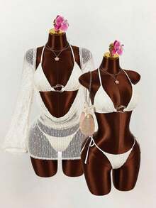 3pcs Women's Sexy Halter Bikini Set - Top, Bottom, And Cover-Up - 杏色 - 查看 4