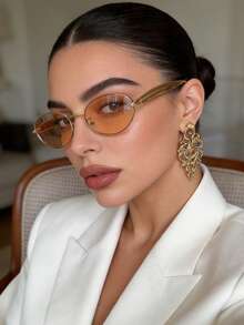 1pc Fashionable Small Frame Retro Streetwear Glasses, Suitable For Women For Autumn/Winter Outings, Travel, Beach, Music Festivals And Daily Wear - Gold Frame Champagne Slice - View 1