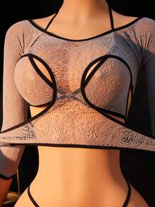 Bộ 3 món đồ lót gợi cảm dành cho nữ, chất liệu ren xuyên thấu, lưới, khoét ngực phía trước, kiểu cổ yếm, gồm áo ngực và quần lọt khe, màu xám đen, viền đen. - Xám - Xem 5