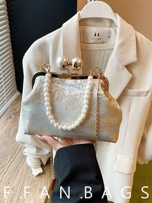 New Chinese Style Embroidered Pearl Handbag, Elegant Chain Shoulder Bag, Chic Women Clutch - Silver - View 1