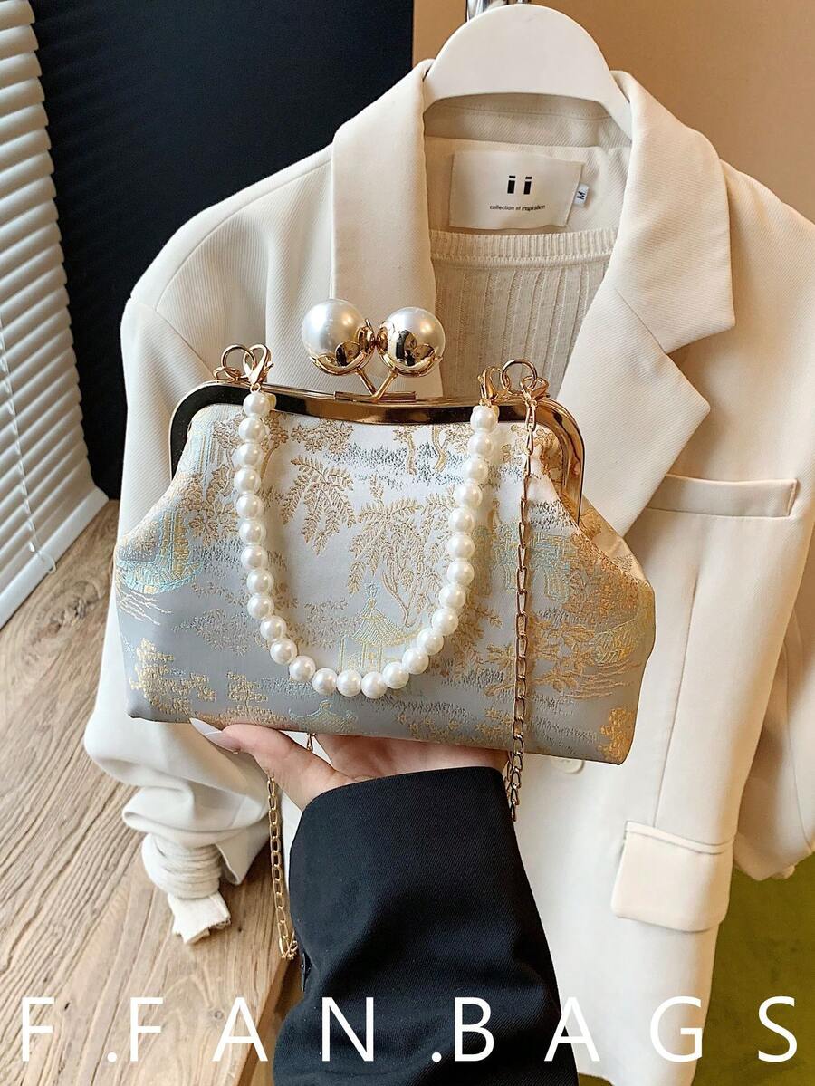 New Chinese Style Embroidered Pearl Handbag, Elegant Chain Shoulder Bag, Chic Women Clutch - Silver - View 1