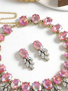 Bộ 3 món dây chuyền và bông tai, bộ trang sức cưới màu hồng thanh lịch, phù hợp với váy dạ hội, dự tiệc, làm quà tặng. - Bộ dây chuyền xinh xắn - Xem 4