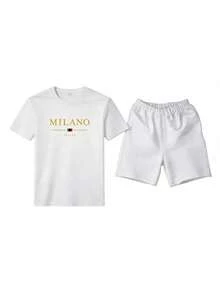 Conjunto masculino estilo italiano minimalista de dos piezas con estampado de letras MILANO en algodón ajuste holgado cuello redondo manga corta primavera verano uso casual set - Blanco 1 - Ver 1