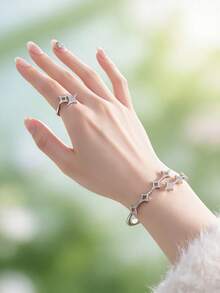 Bộ 2 món vòng tay và nhẫn hình ngôi sao đính đá Zirconia thời trang, thích hợp làm quà tặng hàng ngày cho nữ giới và quà tặng dịp lễ. - Bạc - Xem 3