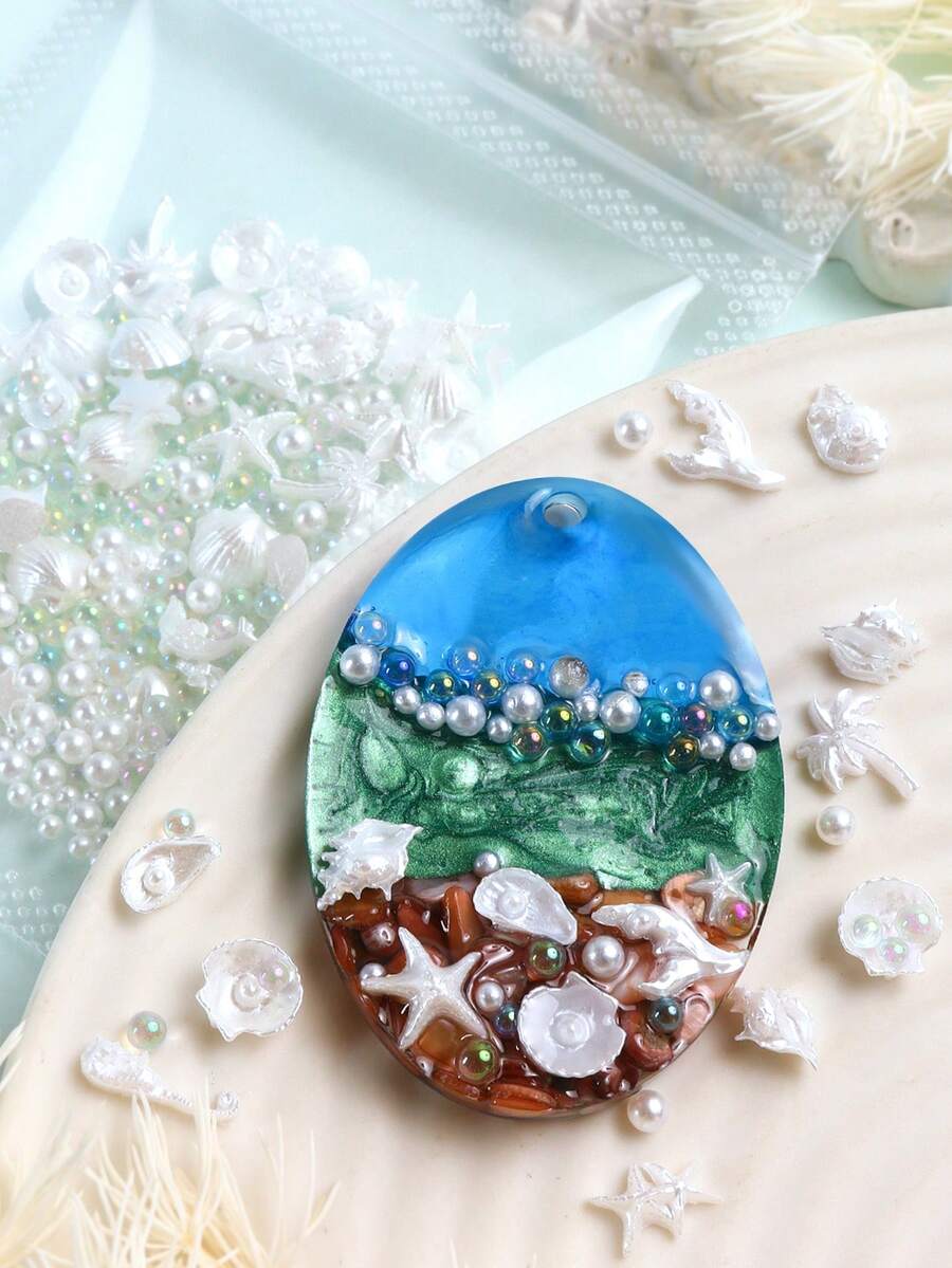 1袋海洋主題樹脂手工材料：珍珠白貝殼、海星、海馬、海螺裝飾、極光玻璃珠與仿珍珠；夏季環氧樹脂模具填充材料